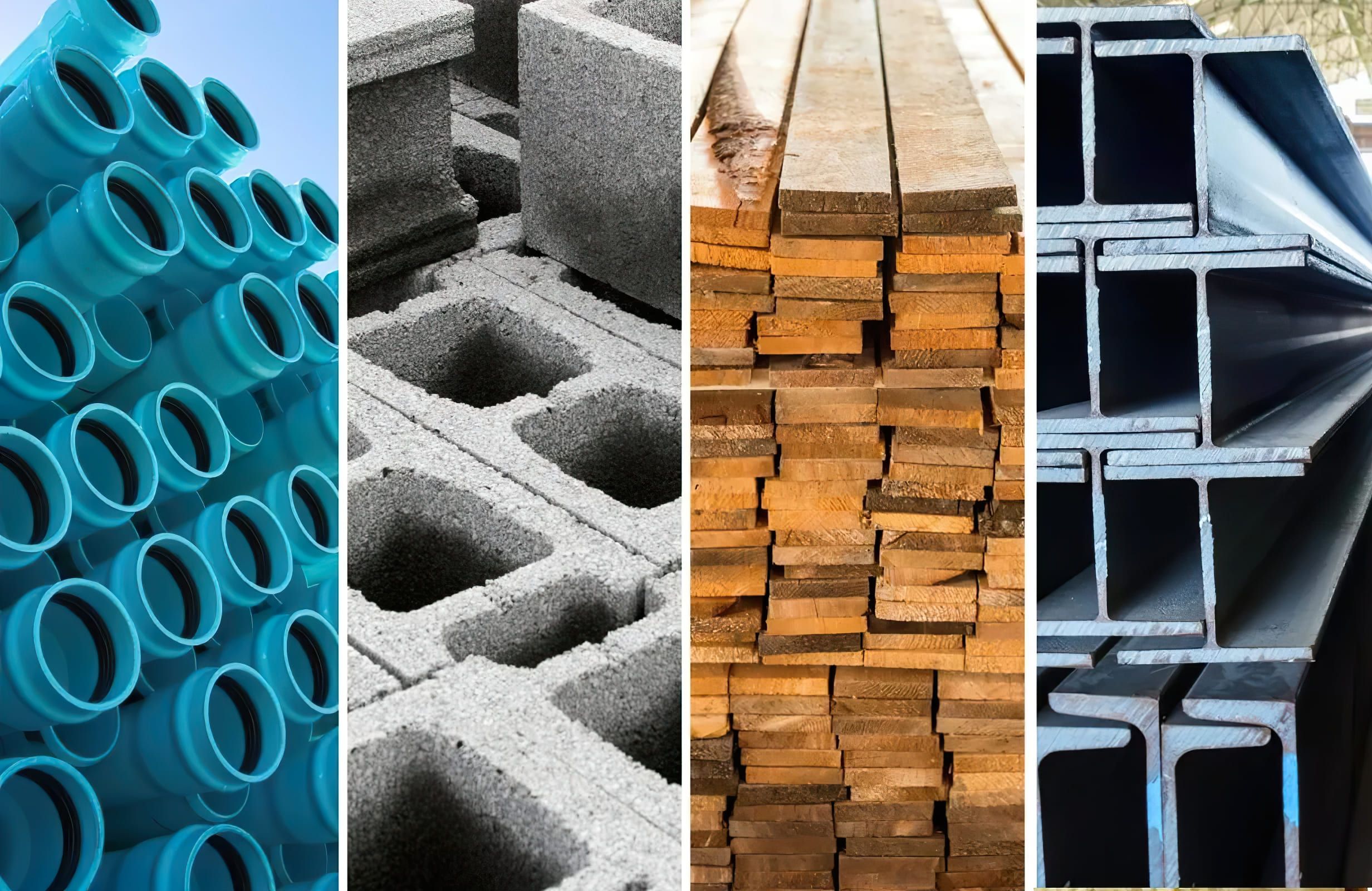 A collage showing common building materials in Canada, including steel beams, wooden planks, concrete hollow blocks, and blue PVC pipes used in construction and infrastructure projects.