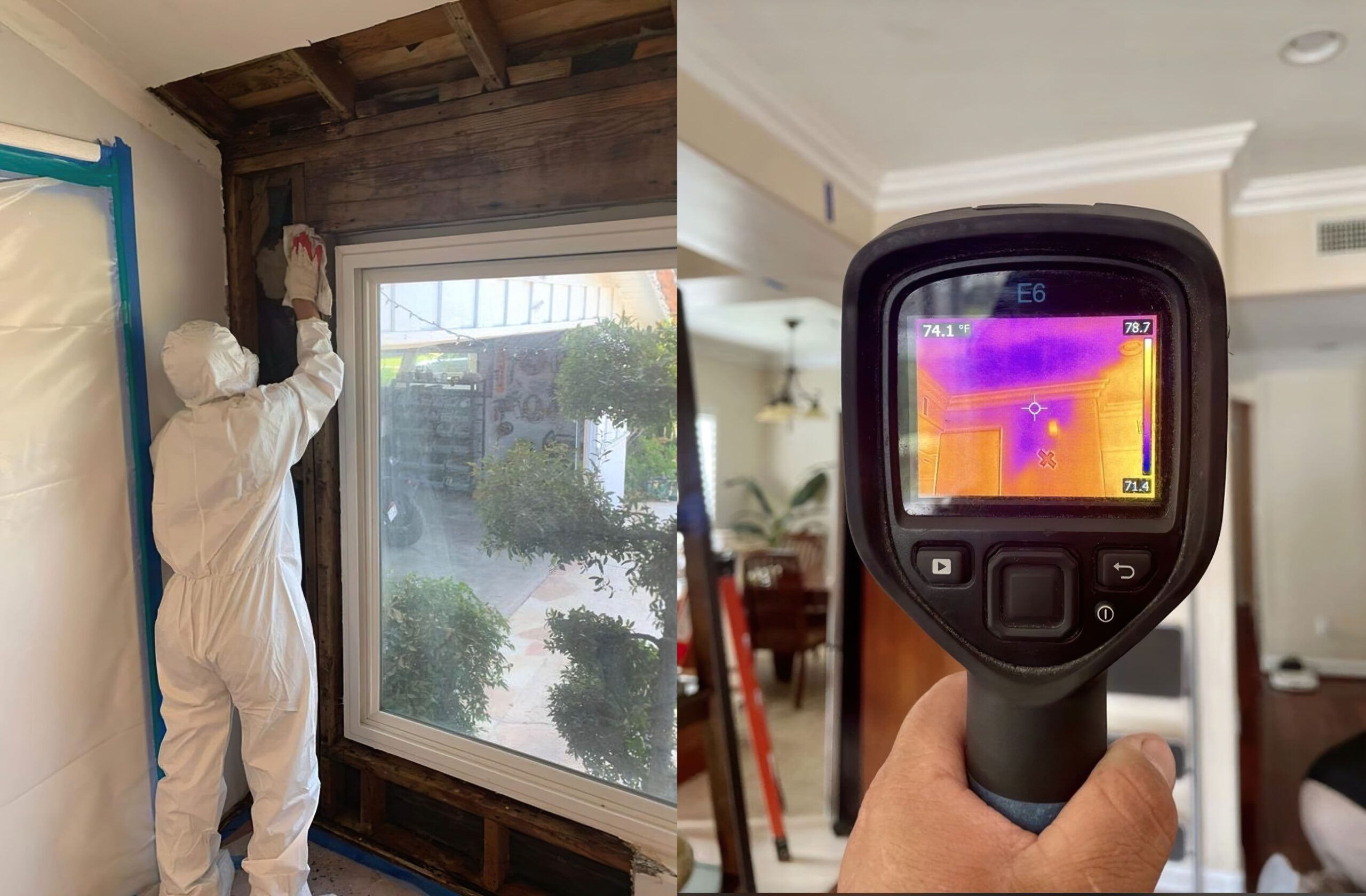 thermal imaging camera measuring surface temperatures in a building, showing a color display with red and yellow areas indicating heat and blue and purple areas showing cooler spots, used to detect insulation issues or heat loss.