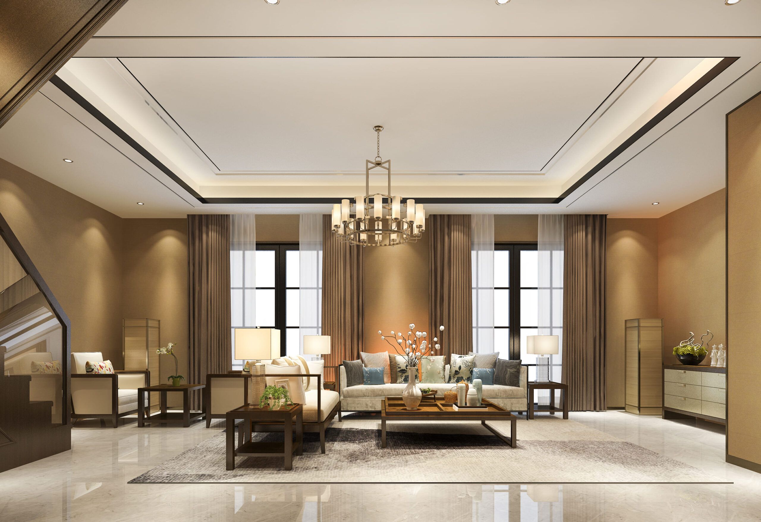 Luxurious modern living room featuring an elegant chandelier as the central décor element, representing sophisticated interior wall and ceiling decoration in Quebec and Montreal for stylish residential spaces.