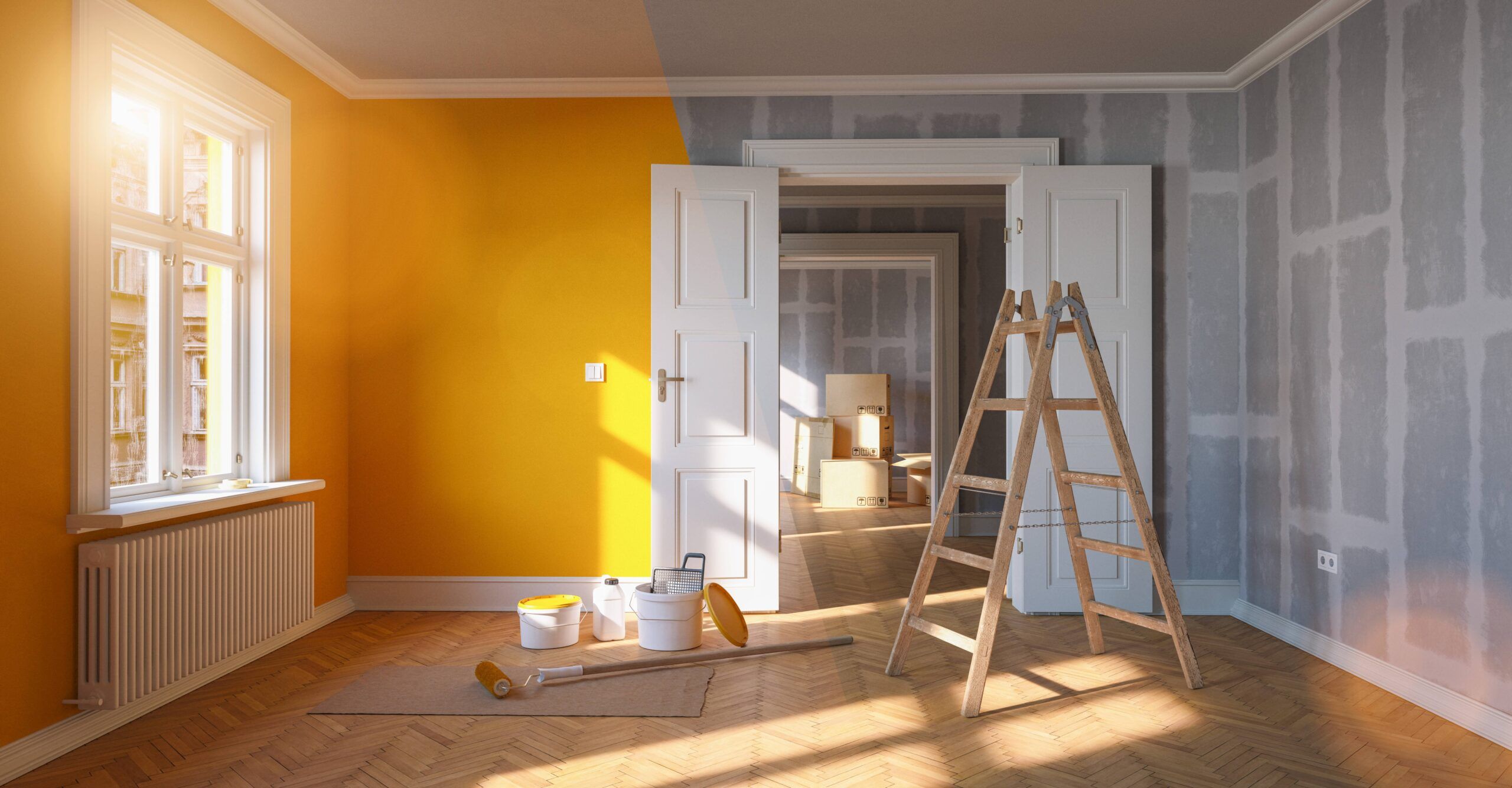 Renovations services Quebec and Montreal showing a room partially painted bright yellow while the other half remains unfinished, with paint buckets, rollers, brushes, and a wooden ladder indicating ongoing renovation and interior painting work.