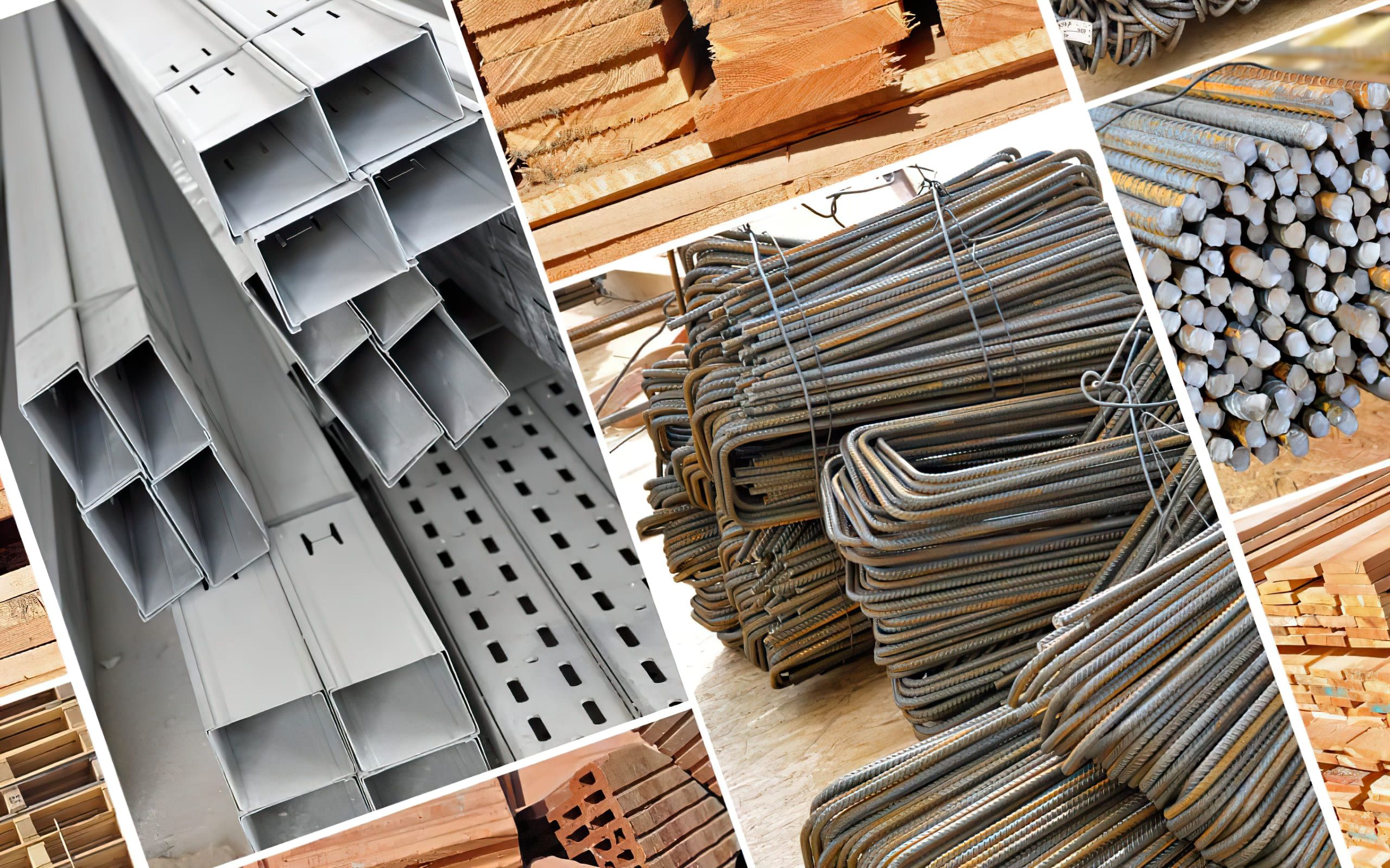 A collage showing common building materials in Quebec, including steel beams, rebar, wooden planks, bricks, and concrete elements used in construction.