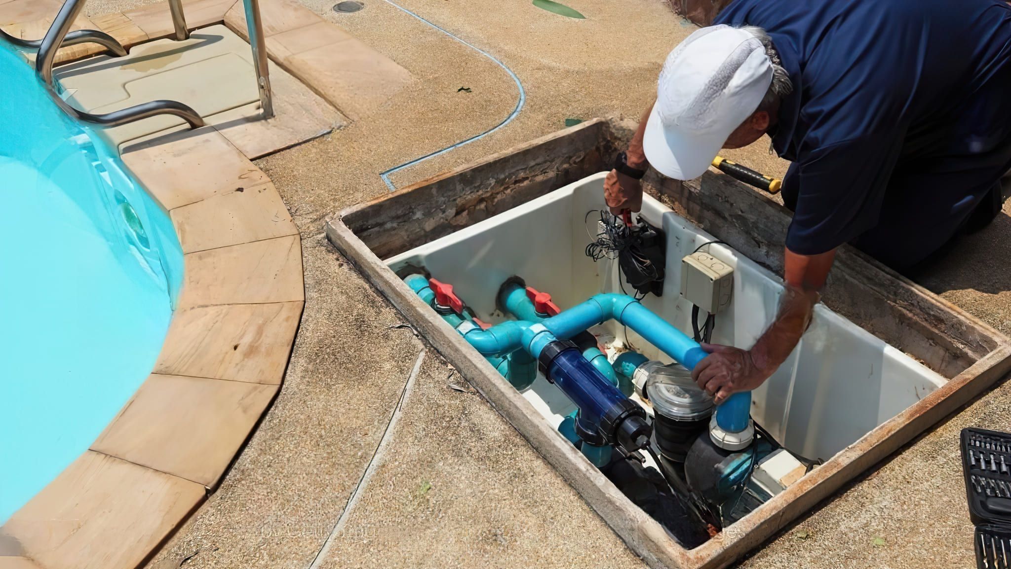 A technician performing maintenance on a pool pump, which circulates and filters the water to keep a swimming pool clean.
