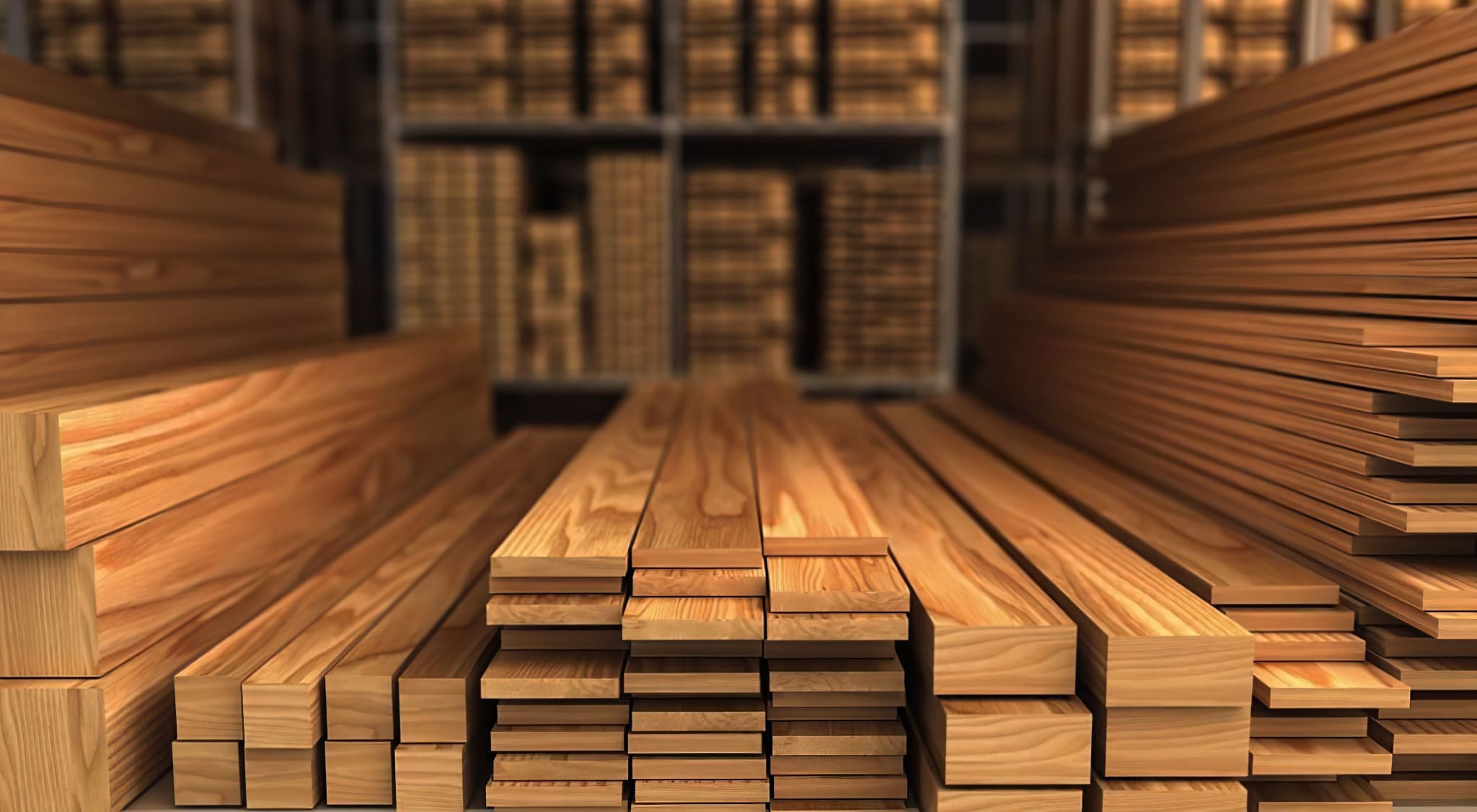 Stacks of teak wood planks representing Building Materials in Quebec, stored in a warehouse and showing the golden-brown color and fine grain typical of durable teak used for outdoor furniture and marine construction.