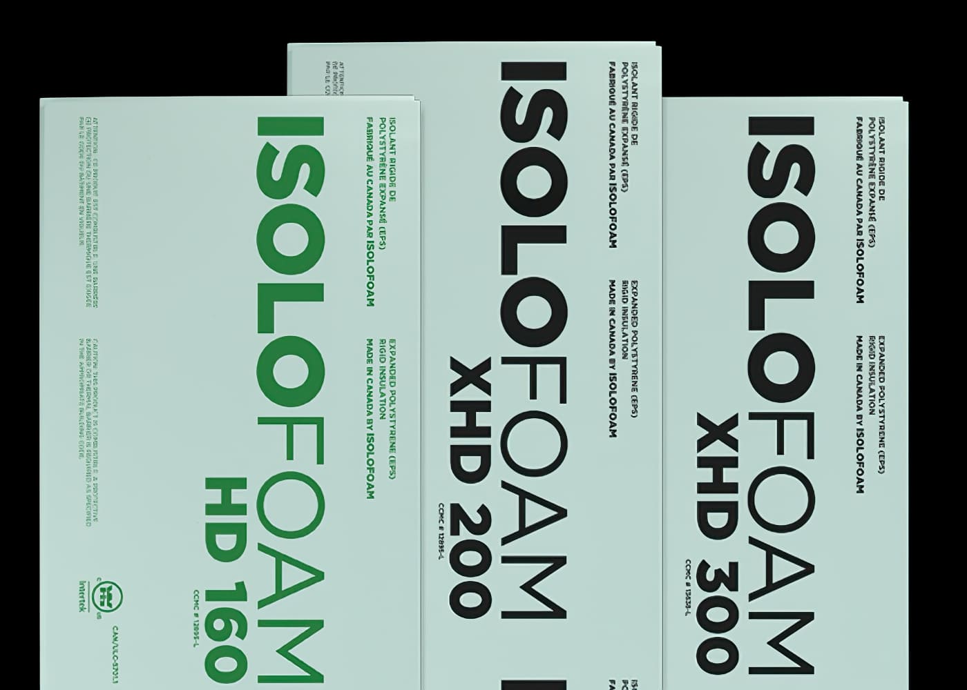 Three Isolofoam rigid EPS insulation boards—HD 160, XHD 200, and XHD 300—used for residential insulation in Quebec, offering high-density thermal protection made in Canada.