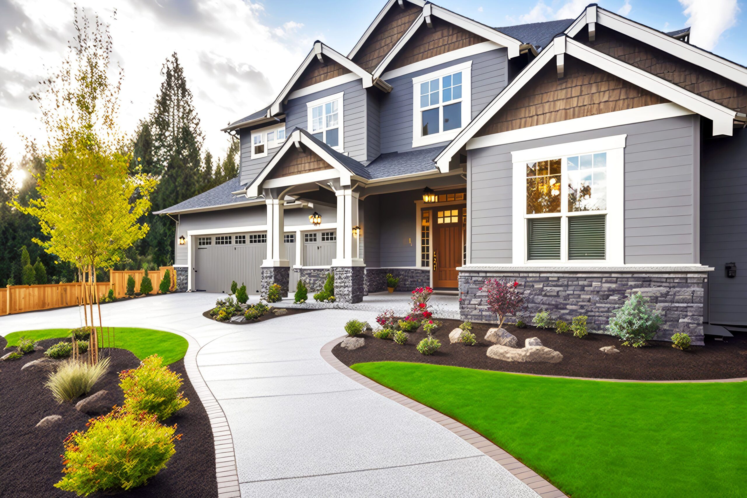 modern suburban house residential construction design Quebec with gray facade stone and wood accents large windows and landscaped front yard with curved walkway and greenery.