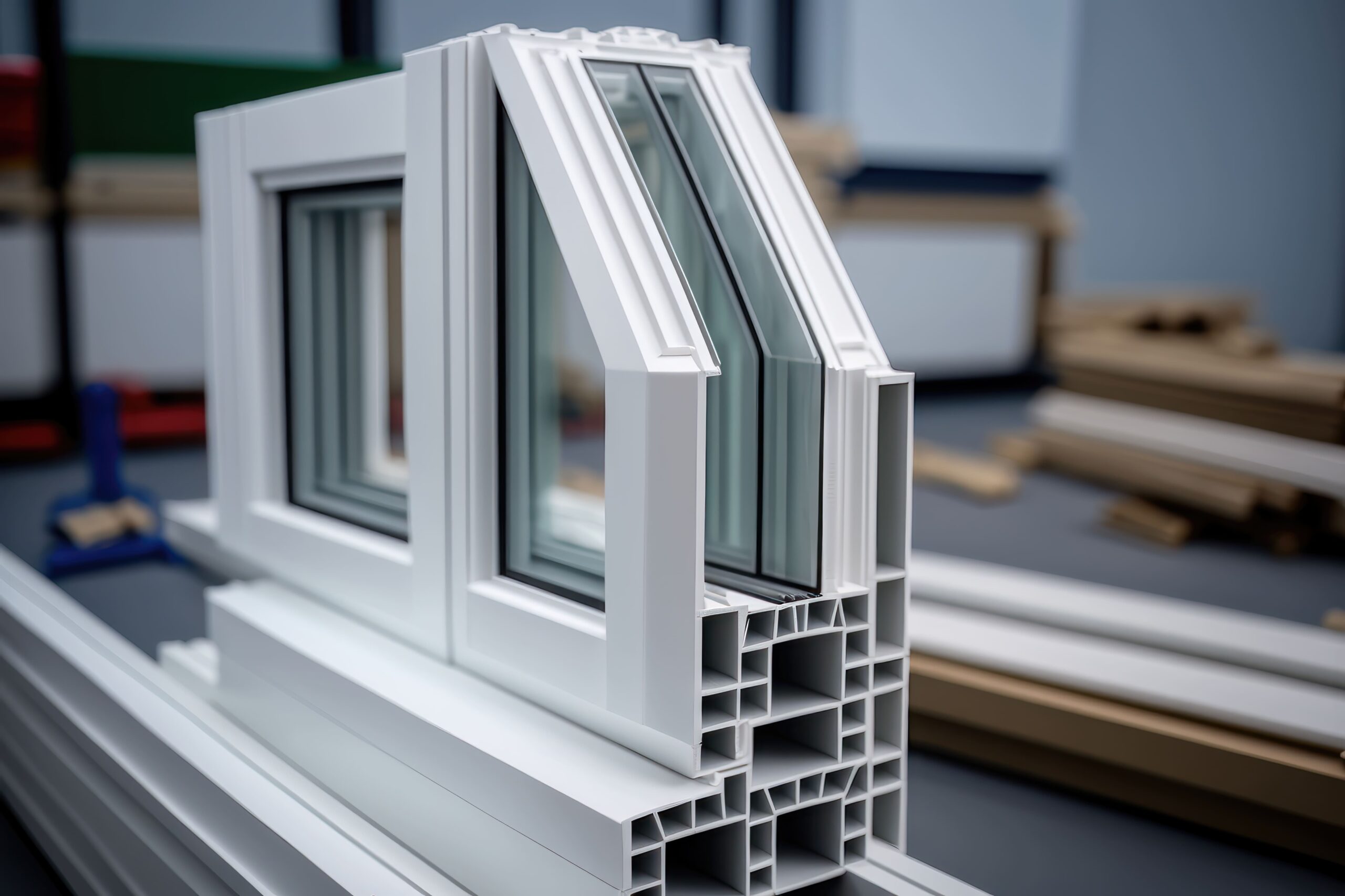 Windows & Doors installation Quebec — Cross-section of a modern multi-chamber window frame with double or triple glazing, showing insulation layers that improve energy efficiency and soundproofing.