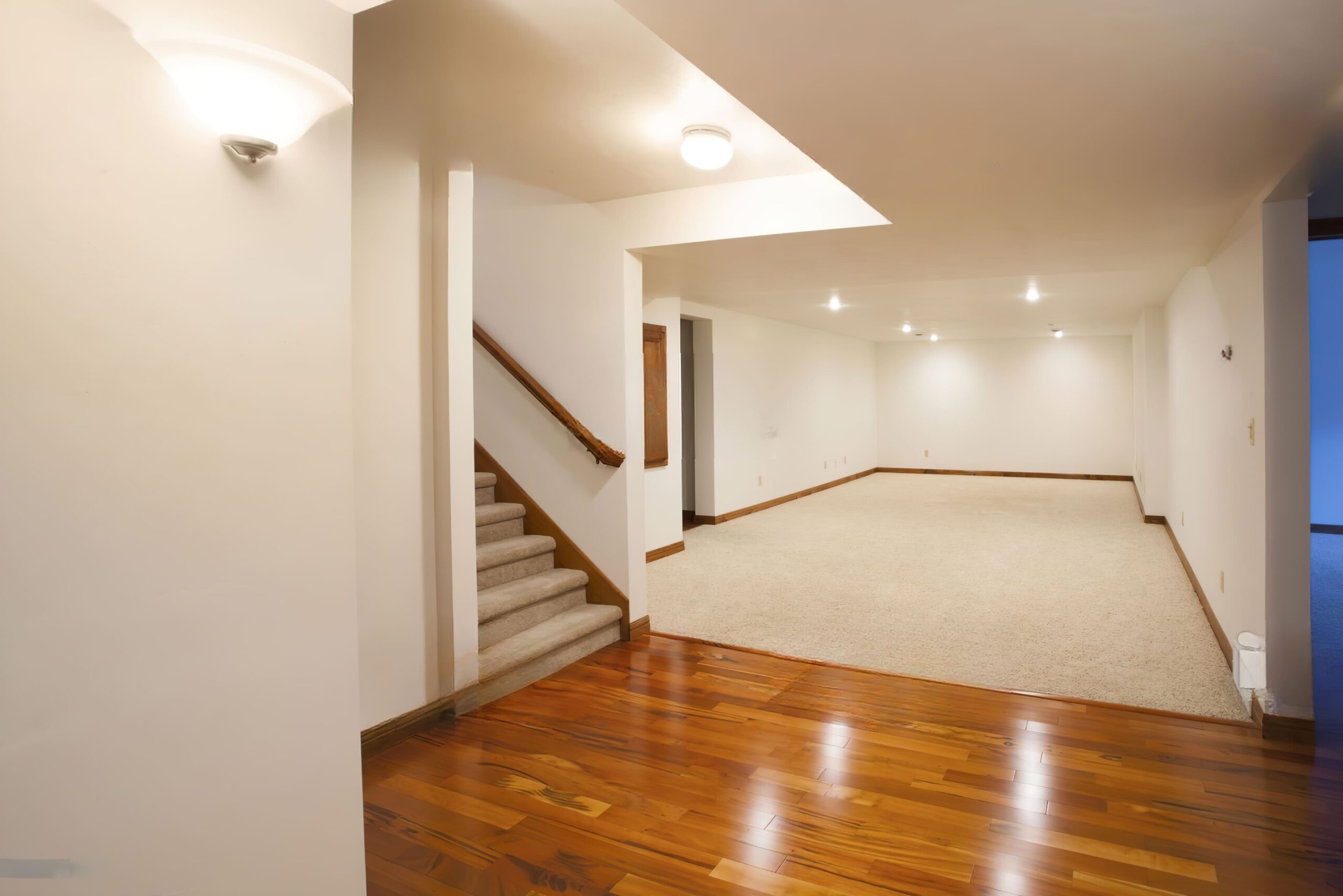 A finished basement in Quebec featuring a staircase, a mix of hardwood and carpet flooring, white painted walls with wall lights and recessed ceiling fixtures — illustrating a modern basement remodeling with moisture-resistant materials.