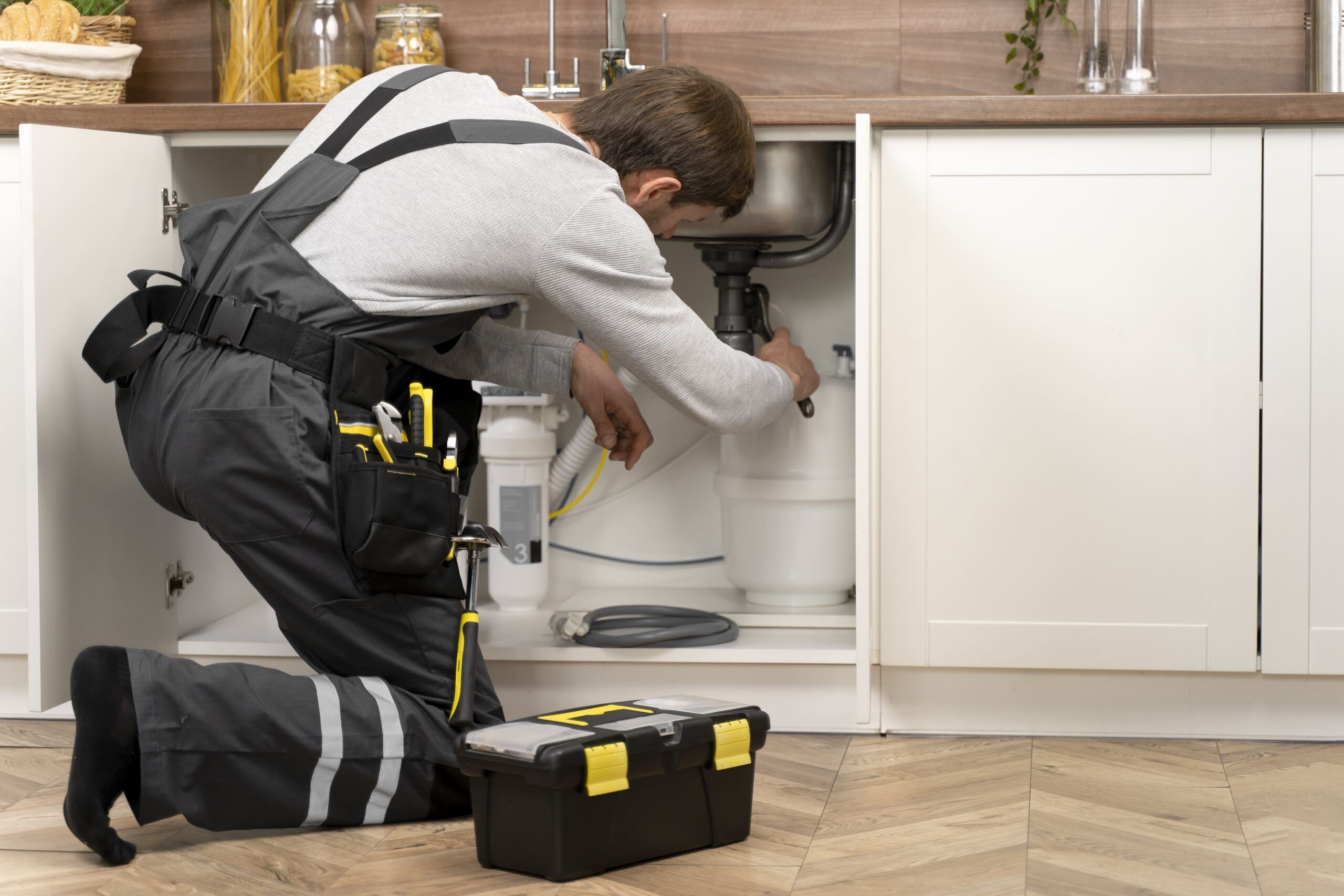 Home maintenance services Montreal showing a plumber working under a modern kitchen sink with white cabinets and wooden floor, wearing overalls and a tool belt, with a toolbox nearby, repairing or installing plumbing components.