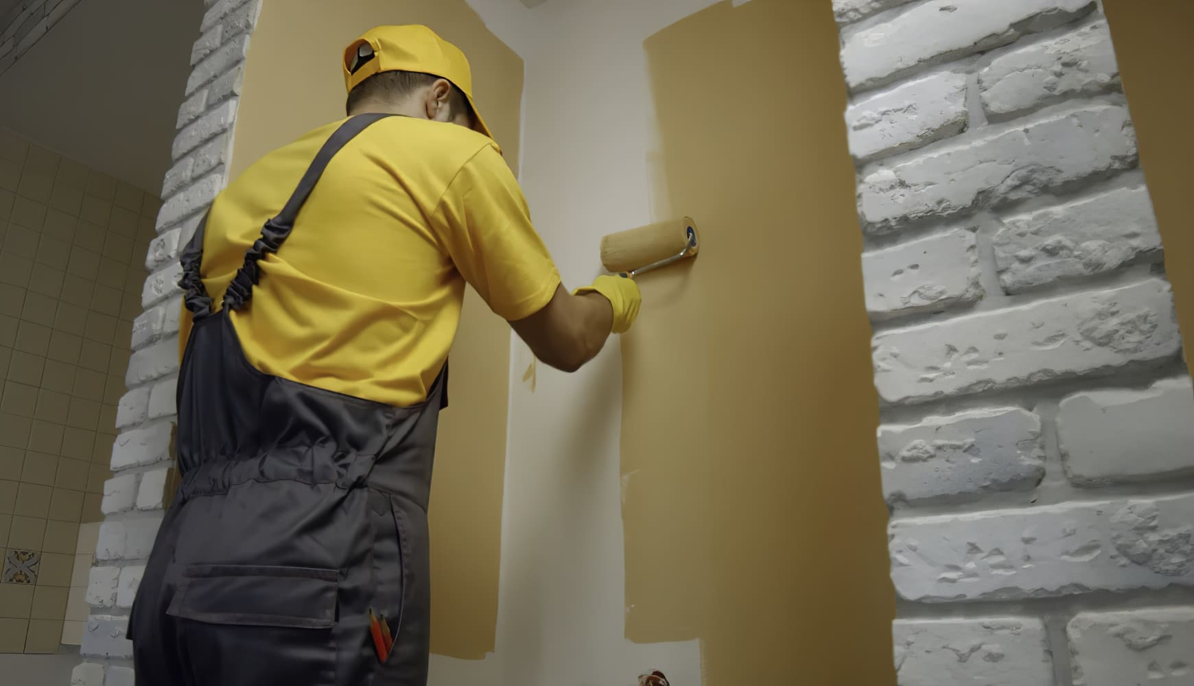 Painting Services Quebec – painter in yellow work clothes using a paint roller to apply beige wall paint. Professional interior wall painting in progress, showing skilled residential painting services in Quebec.