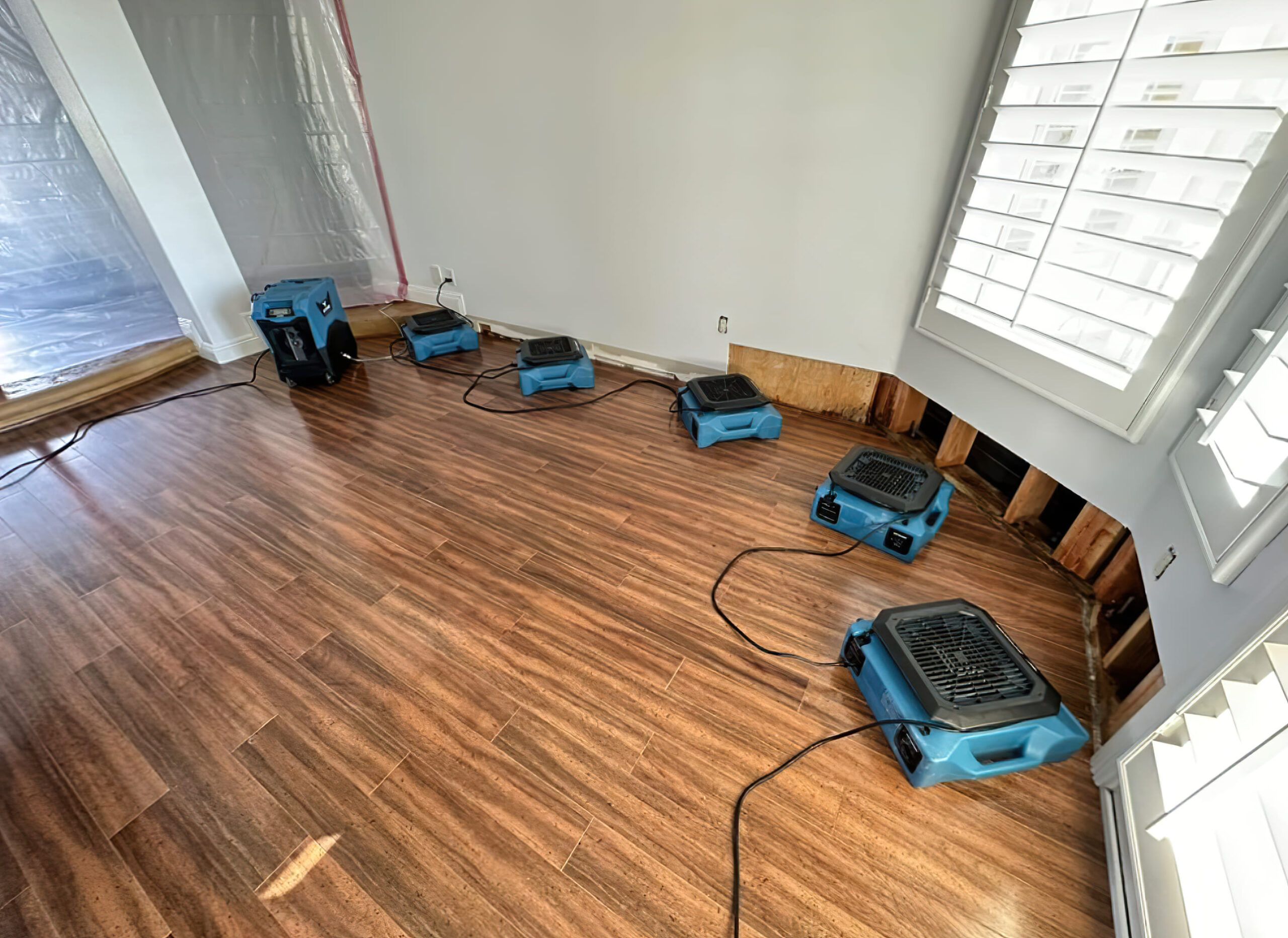 water damage restoration in Quebec interior showing blue industrial dehumidifiers and air movers drying wet surfaces with drywall sections removed to prevent mold growth used by restoration companies like Rainy Day Environmental Solutions.