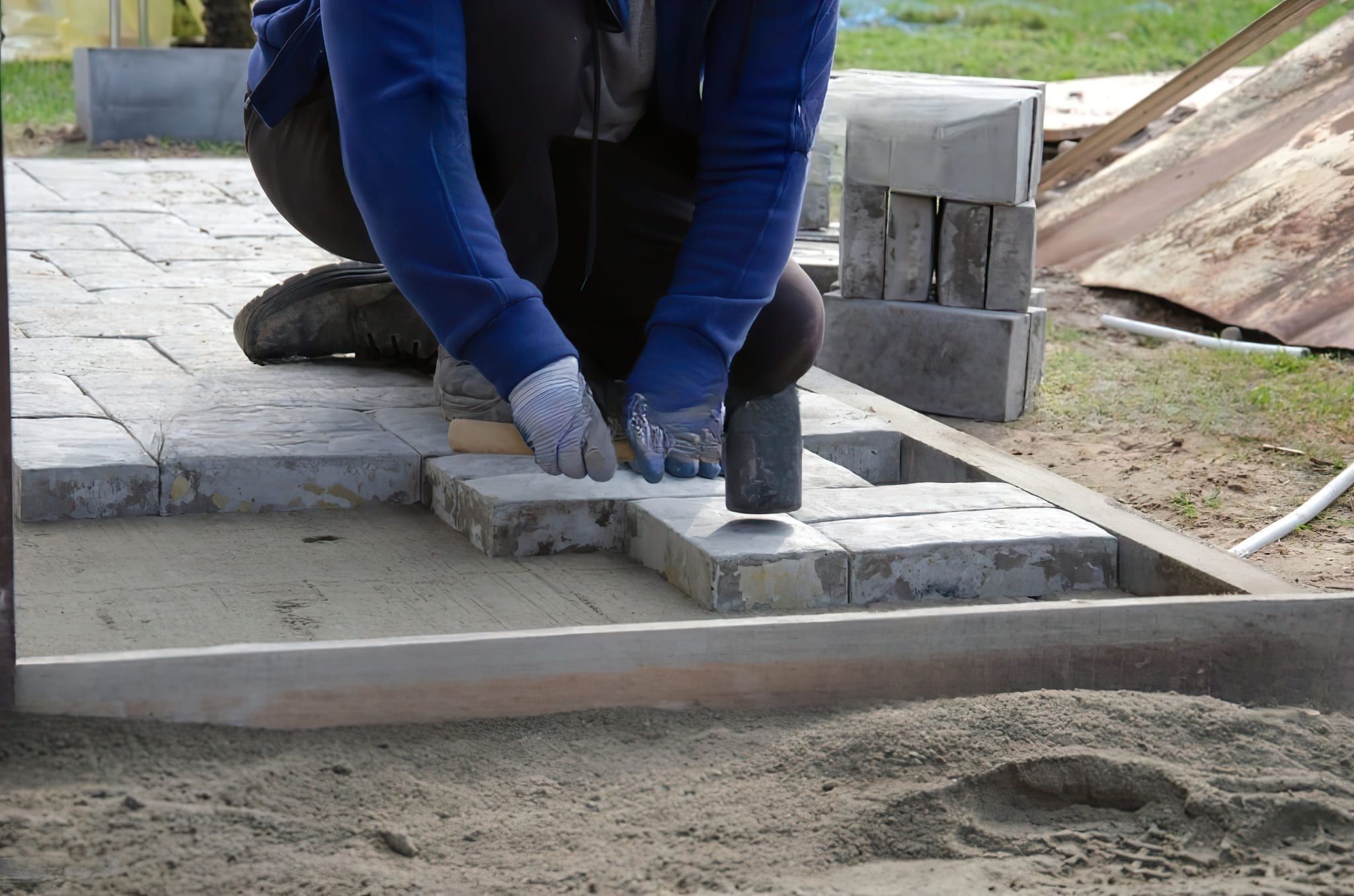 A worker in Quebec installing concrete paving stones for a patio or walkway, showing durable interlocking pavers laid on a compacted sand and gravel base as part of professional landscaping services.
