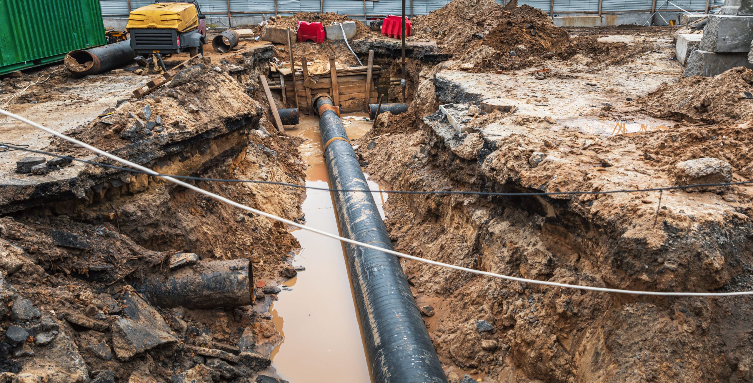 Electrical and plumbing entrances services in Montreal showing an excavation site with a deep trench and a large black underground pipe being installed or repaired as part of the city’s water and utility system.