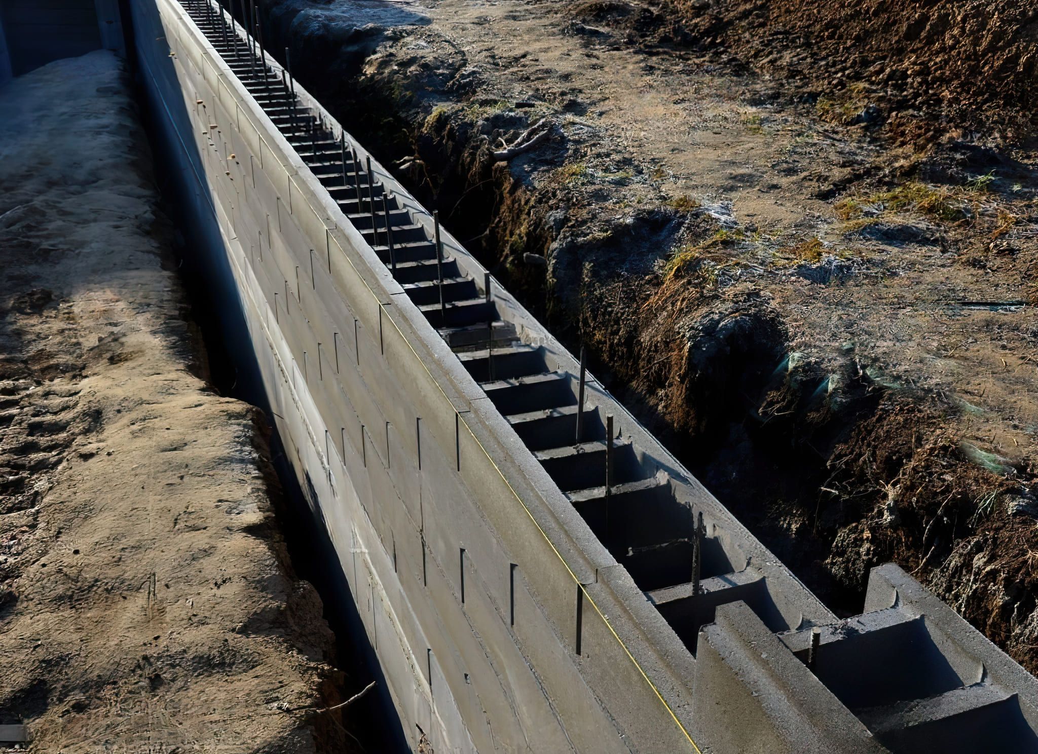 Concrete retaining wall under construction in Quebec, reinforced with steel bars to stabilize soil on a slope; the wall uses gravity and internal reinforcement to resist lateral earth pressure and prevent erosion.