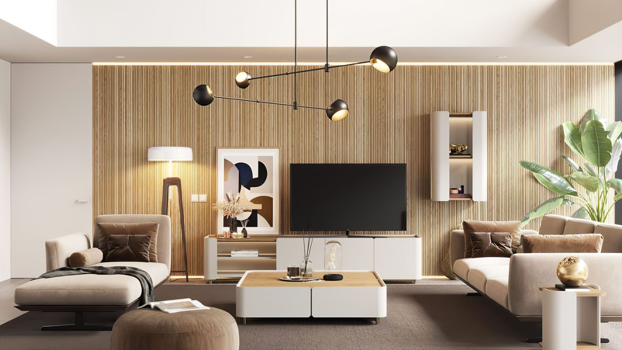 Renovations Services Quebec featuring a modern living room with beige sectional sofa, wooden coffee table, patterned Marbella Moderno Kilim Vitral rug, white TV cabinet, and black spherical pendant lights.