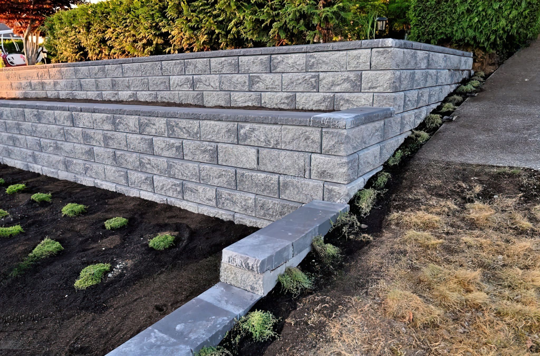 A retaining wall made of stone or concrete blocks, designed to hold back soil on a sloped landscape and prevent erosion in a landscaped area.