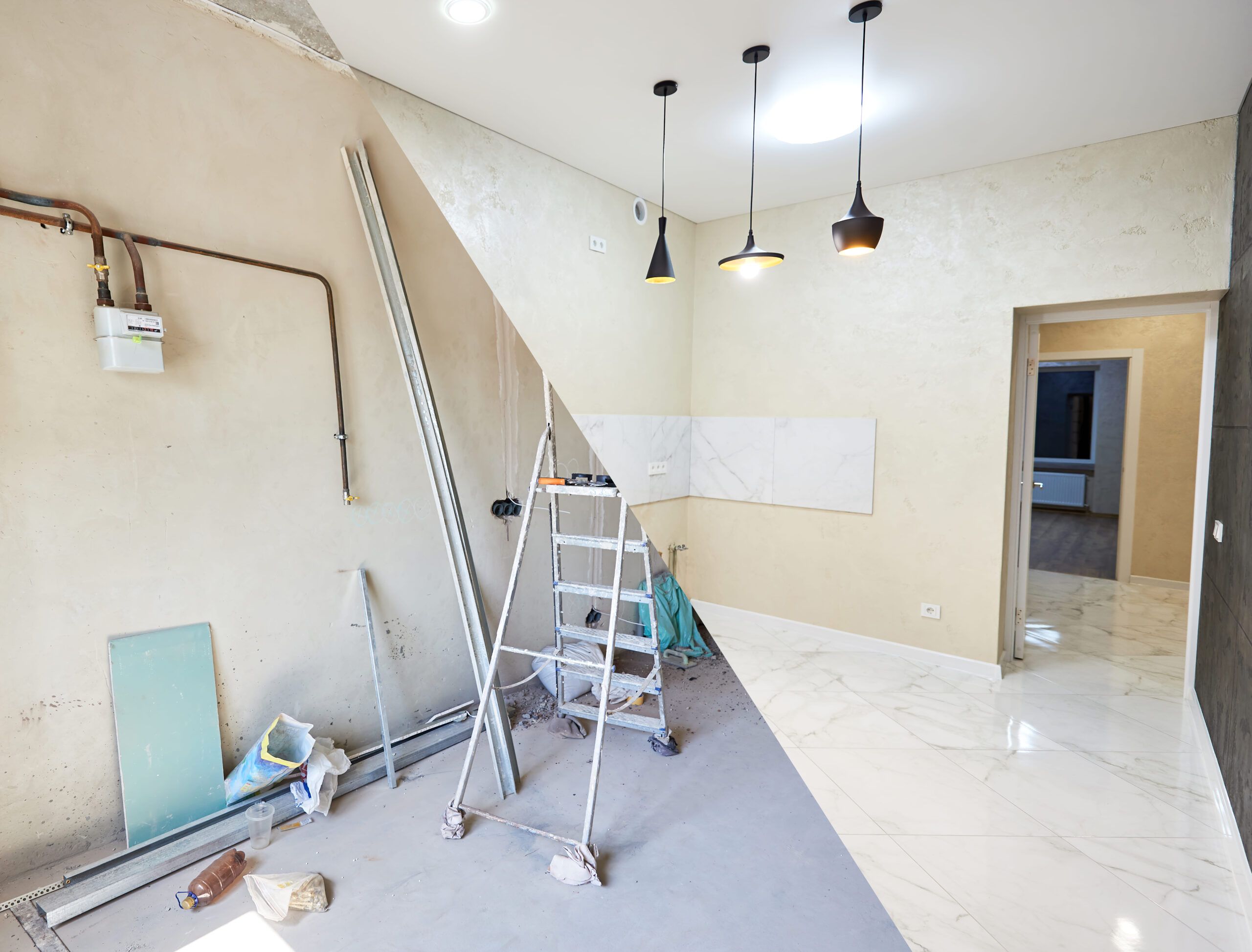 A before-and-after comparison of a basement renovation, showing the transformation from an unfinished construction site with exposed walls and pipes to a modern finished room with tiled floors, painted walls, and hanging lights — illustrating basement finishing services.