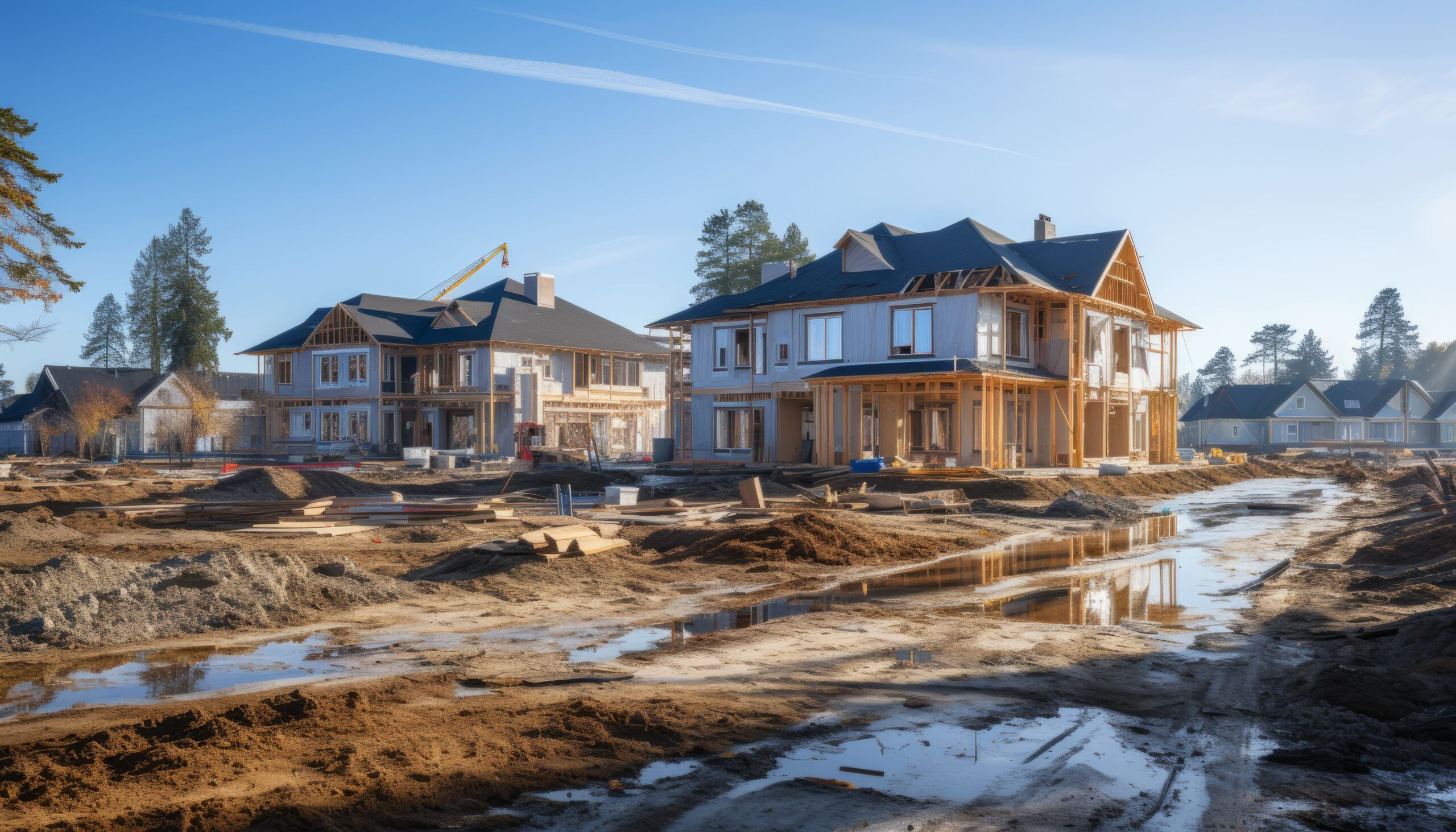 residential construction Quebec showing a Toll Brothers housing development site with single-family homes under construction representing luxury residential building and custom home design.