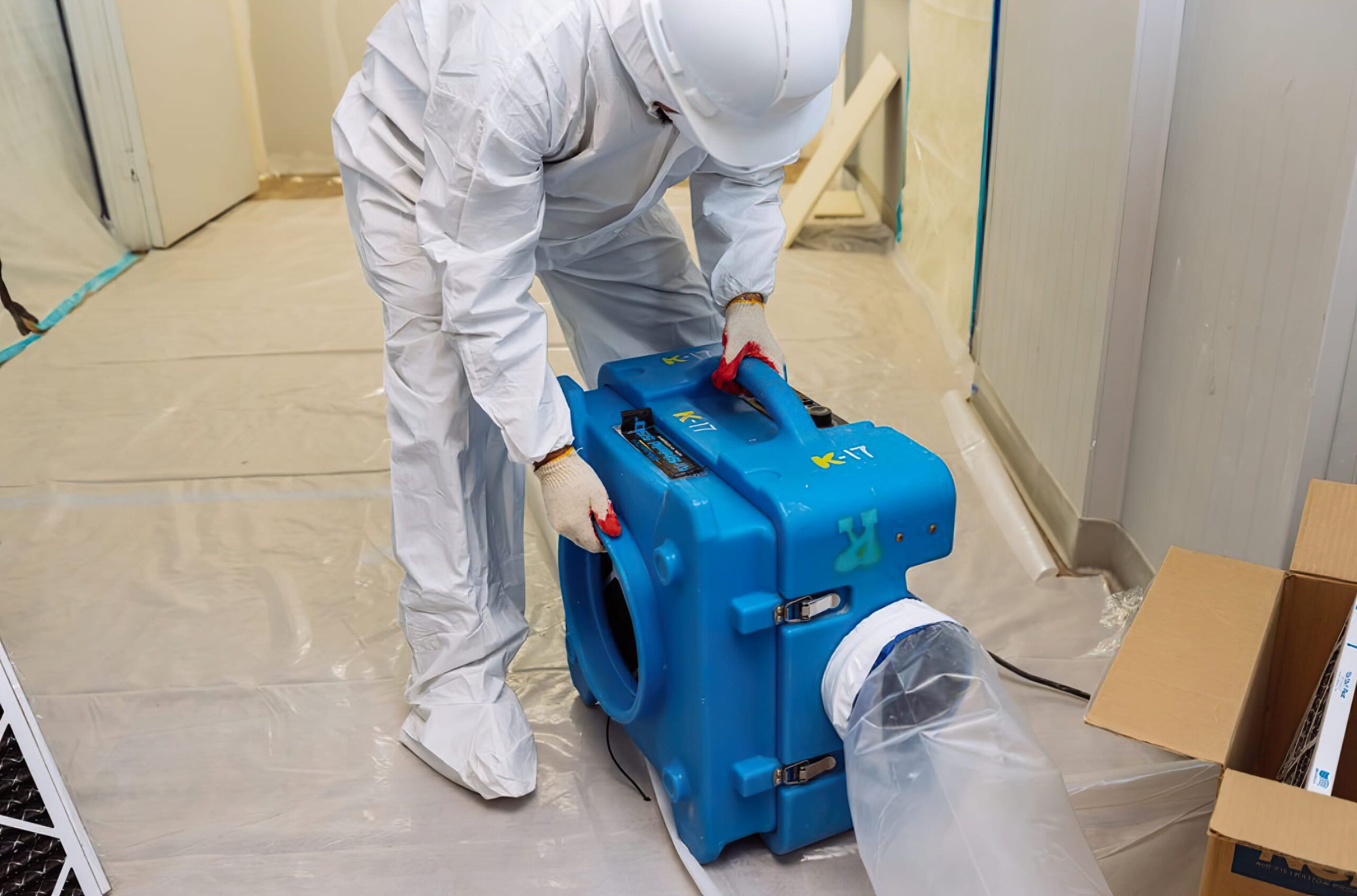 decontamination services Quebec worker operating portable HEPA air purifier to improve indoor air quality during construction or renovation removing dust mold and airborne particles.
