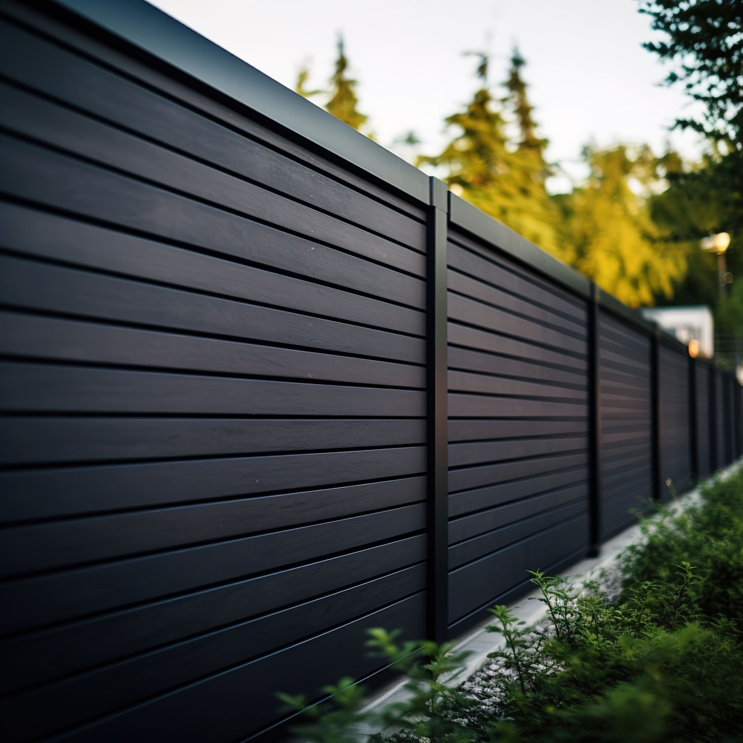 A modern black aluminum privacy fence with horizontal slats, part of a contemporary outdoor design offered through Decks & Fences Solution Quebec, combining durability with low maintenance.