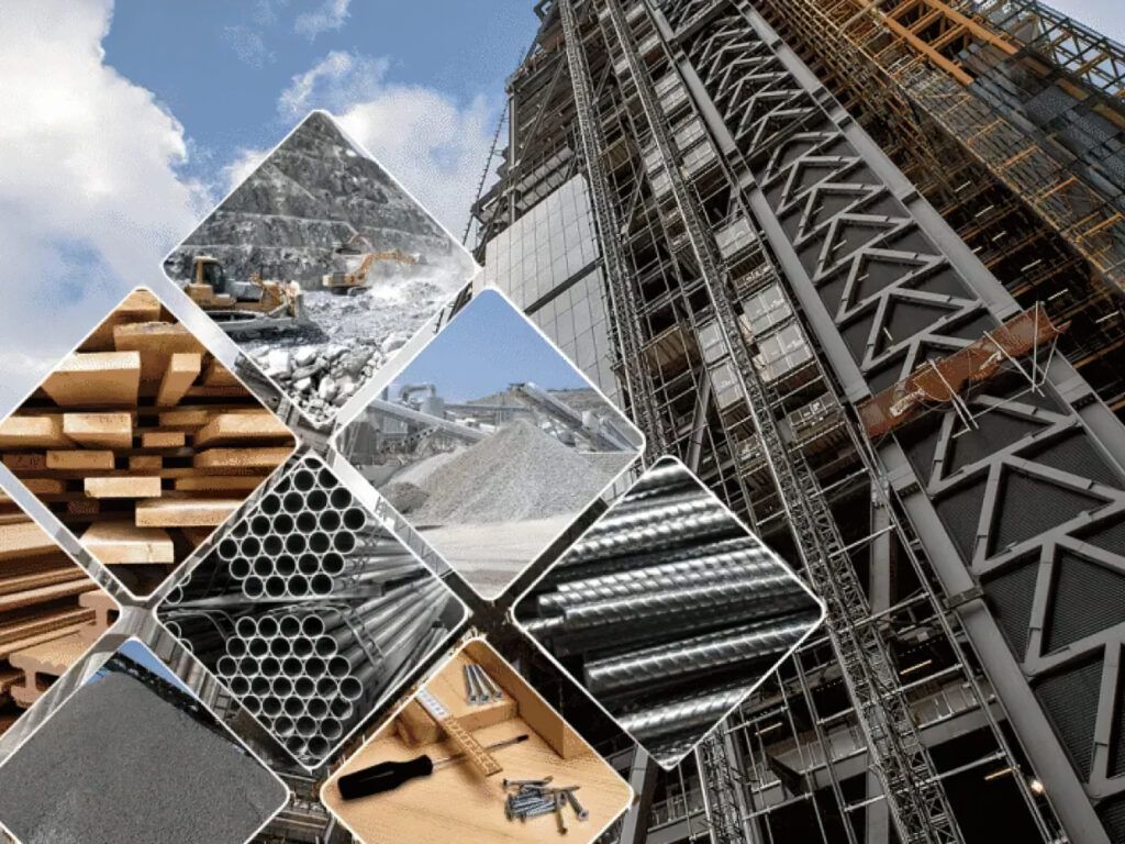 A collage showing Building Materials in Quebec, including wood planks, gravel, sand, rebar, steel pipes, and tools, with a modern high-rise under construction in the background.