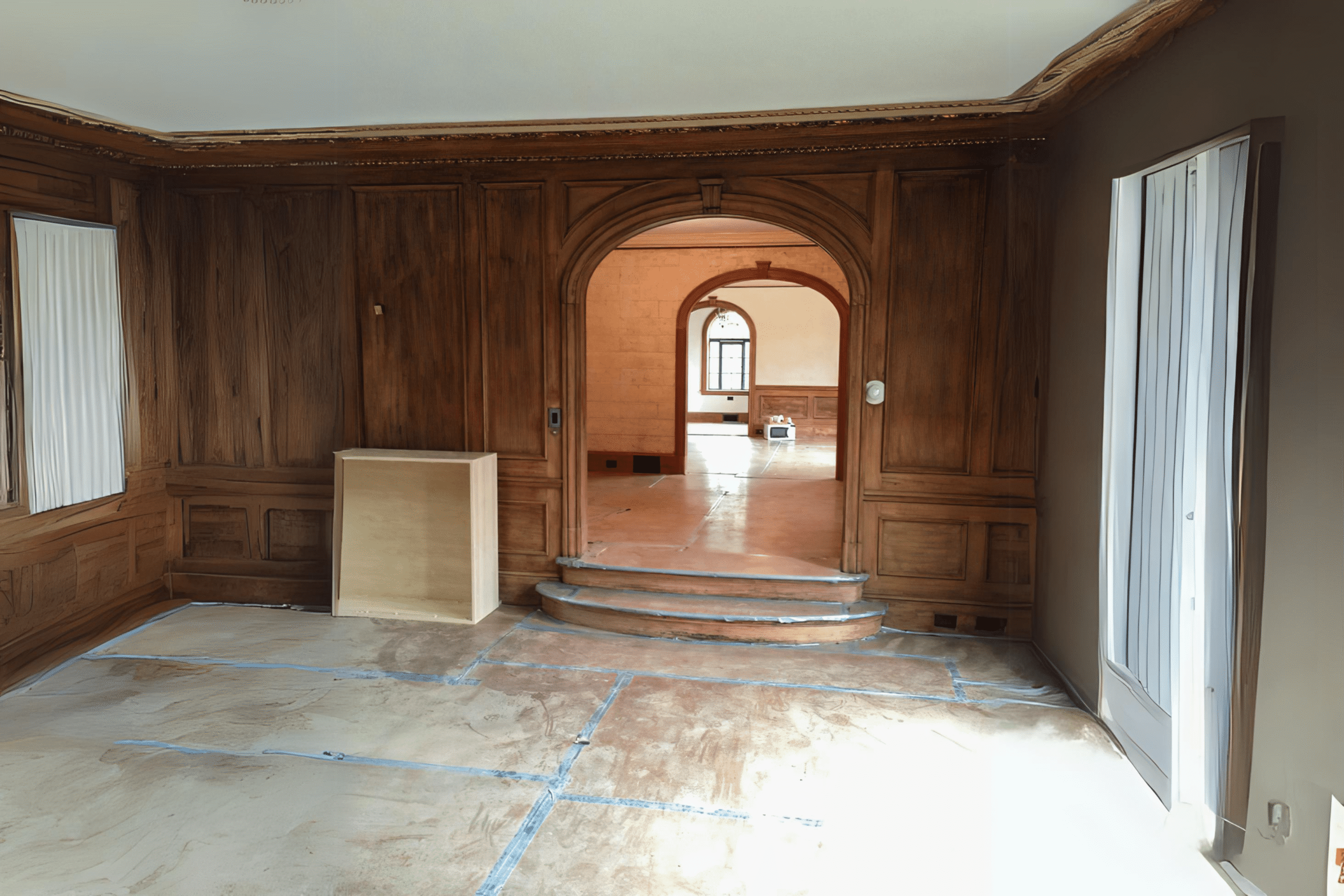 Residential painting project in Quebec showing a room under renovation with wood paneling, arched doorway, and protected flooring.