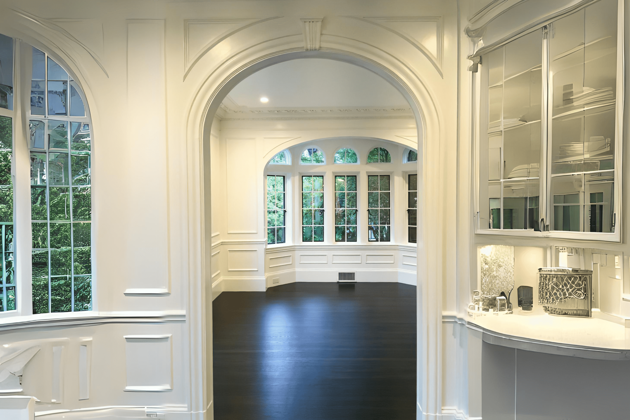 Elegant white-painted interior with decorative moldings, an arched doorway, and a built-in glass cabinet, showcasing refined interior painting work in Quebec.