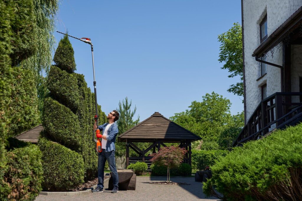 HMA Groupe Construction – A landscaper trimming a tree with a hedge trimmer, representing professional landscaping and garden maintenance. The image highlights HMA Groupe Construction’s expertise in outdoor design, greenery care, and landscape construction services.